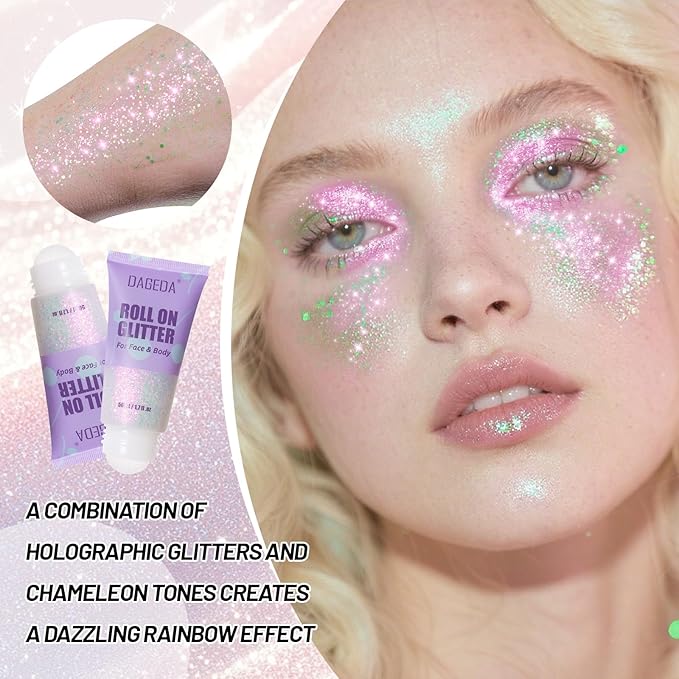 DAGEDAl Roll-on Body Glitter,Holographic Eye Face Hair Glitter Gel for Festival Outfit Mermaid Accessories,Chameleon Color Body Shimmer Makeup Rave Outfits Accessories for Women 50ml(Sparkling Pink)