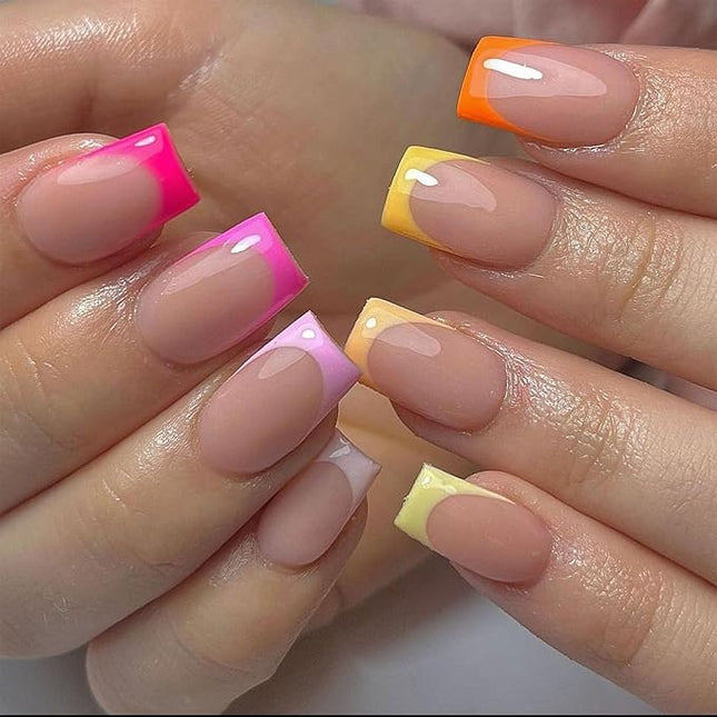 Colorful French Tip Press on Nails Short Square Fake Nails Press ons Cute Rainbow Glossy Full Cover Glue on Nails Nude False Nails Acrylic Stick on Nails for Women Girls 24 Pcs