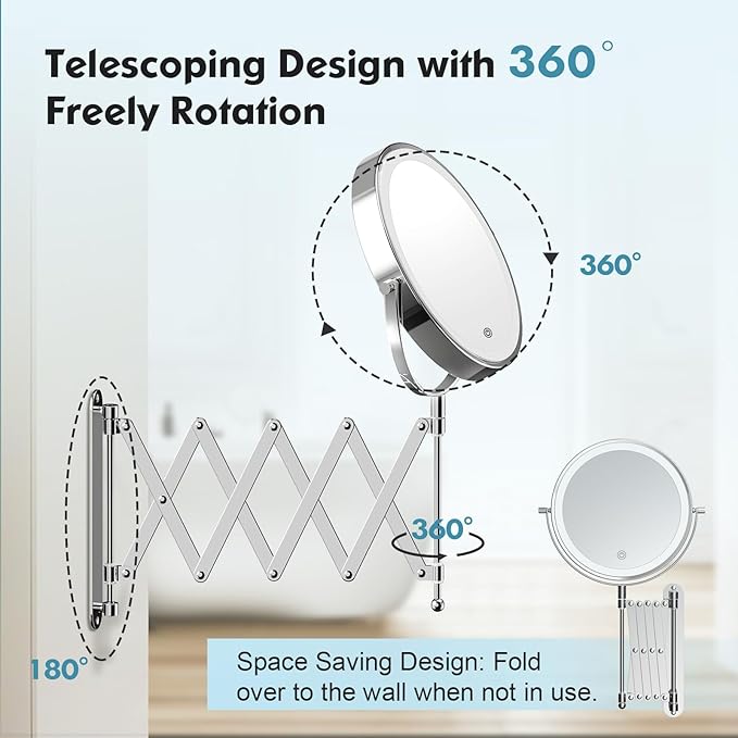 Rechargeable Wall Mounted Makeup Mirror - 8 Inch Double Sided 1X/10X Magnifying Mirror with 3 Color Lights Dimmable Touch Screen, 360°Swivel 19.6 Inch Extendable Accordion Bathroom Mirror - Chrome