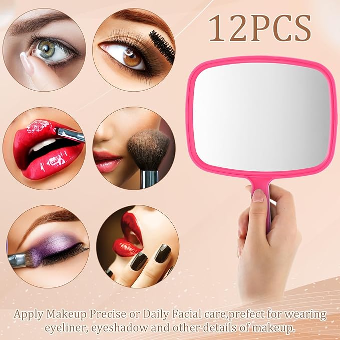 Geetery 12 Pcs Hand Held Mirrors with Handles Hand Makeup Mirrors Bulk Wall Mount for Women Cosmetic Bathroom Home Barber Salon Travel Portable Beauty School Gift, 6.69 x 9.45 Inch (Rose Red)