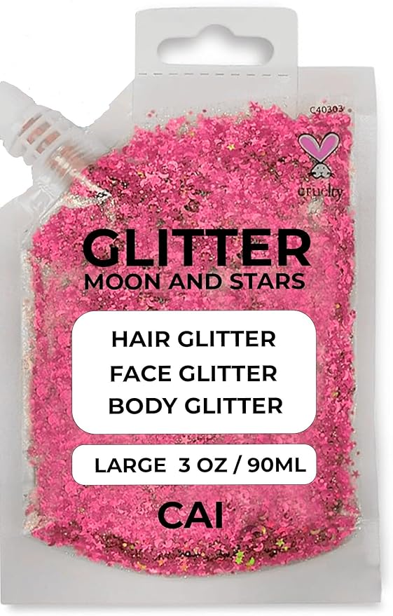 Face, Body & Hair Glitter Gel – Halloween Glitter for Kids and Women – 3 Oz Cosmetic-Grade Gel w/Moon & Stars for Festivals & Halloween Party, Easy Apply & Wash Off - Pink 1Pack