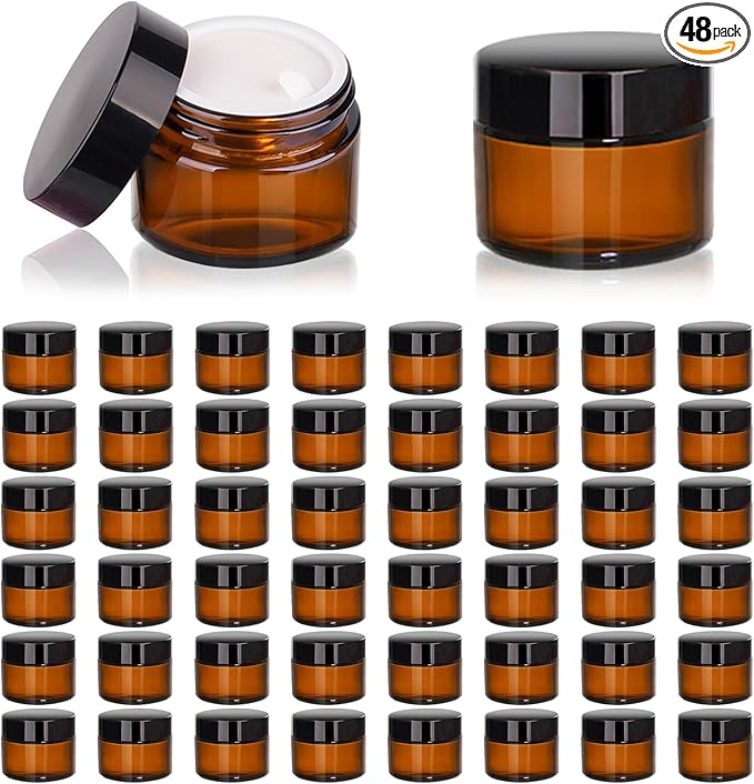 2oz Amber Glass Jars with Lids, Cosmetic Jars with Lids, 48 pack