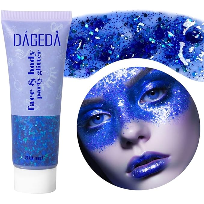 DAGEDA Body Glitter Gel, Face Glitters Body Gel Sequins Shimmer Liquid Eyeshadow, Chunky Glitter for Face Hair Nails, Holographic Cosmetic Laser Powder Festival Glitter Makeup 50ml(Blue)