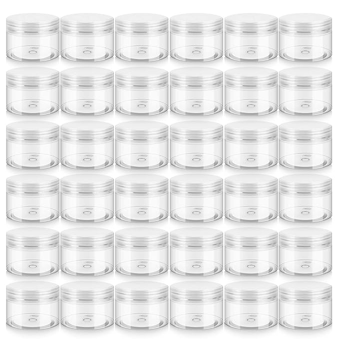 36 Pack 4 OZ Plastic Jars with Lids, BPA Free, Reusable, Refillable Transparent Cosmetic Containers for Bath Salts, Cosmetics, Powders, Beauty Product and Small Accessories - White