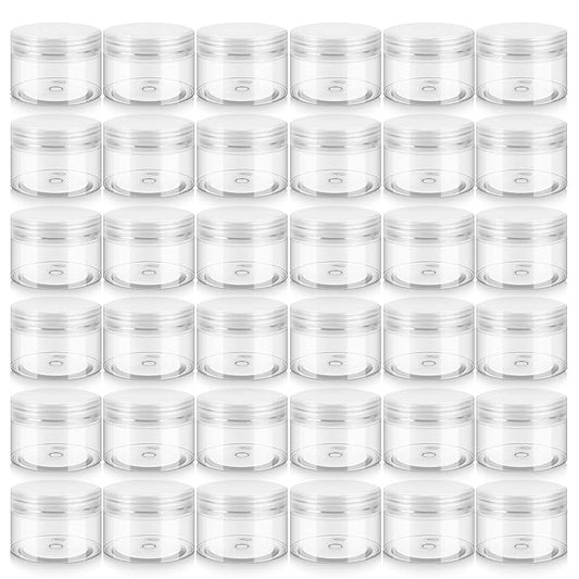 36 Pack 4 OZ Plastic Jars with Lids, BPA Free, Reusable, Refillable Transparent Cosmetic Containers for Bath Salts, Cosmetics, Powders, Beauty Product and Small Accessories - White