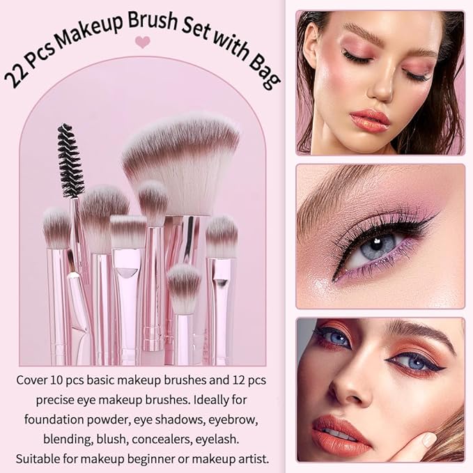 22 Pcs Makeup Brushes Set, MAGEFY Professional Makeup Brushes Wooden Handle Cosmetics Brushes Foundation Concealer Powder Face Eye Make up Brushes Kit(Pinkgold)