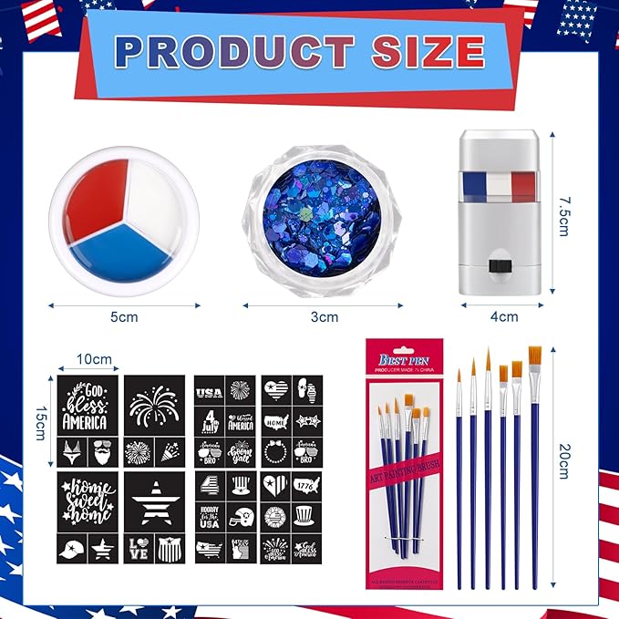 19 Pcs Halloween Face Paint Kit Red White Blue Face Paint Kit with Glitter Stencil Stickers Paint Stick Makeup Brush for Halloween Party Supplies