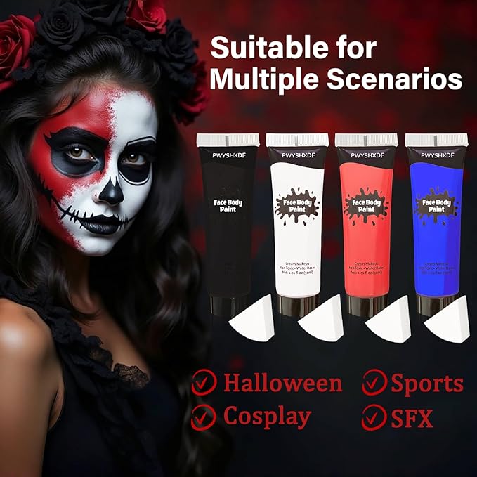 4 Colors Face Body Paint, 1.01 fl oz/PC Water Based Body Paint for Adults & Kids, Washable Face Paint Kit with Sponges, Face Painting for Halloween Clown Vampire Makeup, USA Flag/Sports Event Makeup