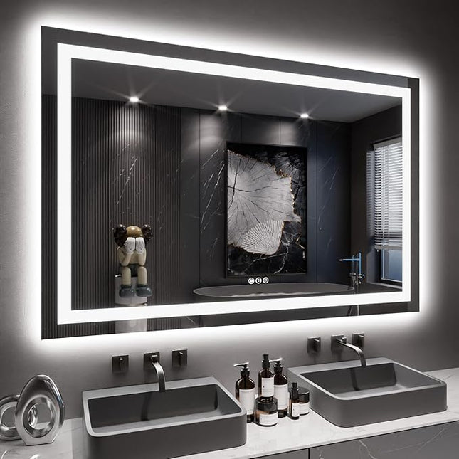 LOAAO 60X40 LED Bathroom Mirror with Lights, Anti-Fog, Dimmable, Backlit + Front Lit, Lighted Bathroom Vanity Mirror for Wall, Memory Function, Tempered Glass, ETL Listed