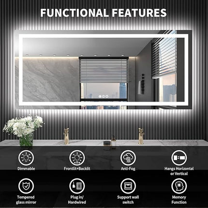 LOAAO 72X32 LED Bathroom Mirror with Lights, Anti-Fog, Dimmable, Backlit + Front Lit, Lighted Bathroom Vanity Mirror for Wall, Shatter-Proof, Memory Function, ETL Listed