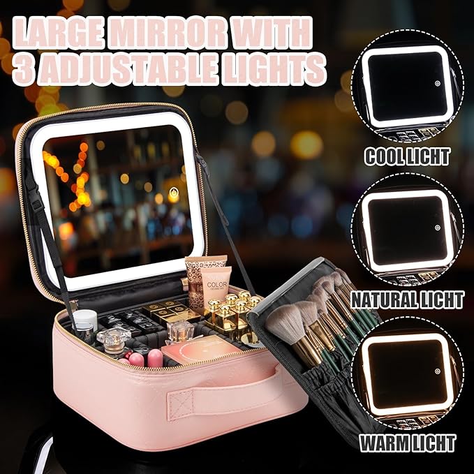Makeup Travel Train Case with Mirror LED Light 3 Adjustable Brightness Cosmetic Bag Portable Storage Adjustable Partition Waterproof Makeup Brushes Makeup Jewelry Gift for Women (Pink checkered)