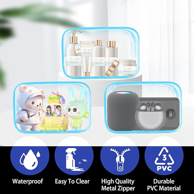 16 Pieces Clear Cosmetic Bags, PVC Clear Pouch with Zipper TSA Approved Toiletry Bag for Travelling, Waterproof Transparent Travel Makeup Cosmetic Organizer Case for Men and Women (Blue-M)