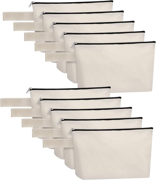 10 Pieces Cotton Canvas Makeup Bag with Bottom and Strap, Multi-Purpose Cosmetic Bag with Zipper Travel Toiletry Pouch, Blank DIY Craft Bag Pencil Bag (White, XS) (MN-WB07)