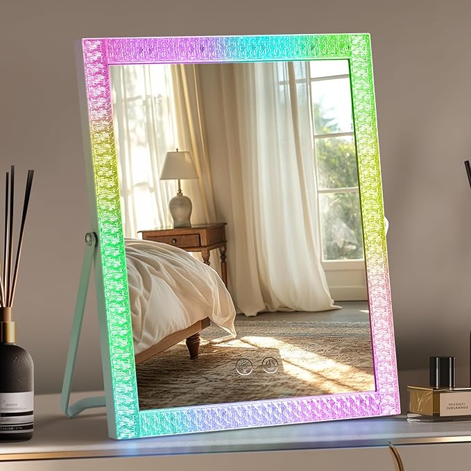 Vanity Mirror with Lights,RGB & 3 Dimmable Light Modes Makeup Mirror with Touch Control,Light Up Mirror for Desk,360°Rotation,17x14 Inch