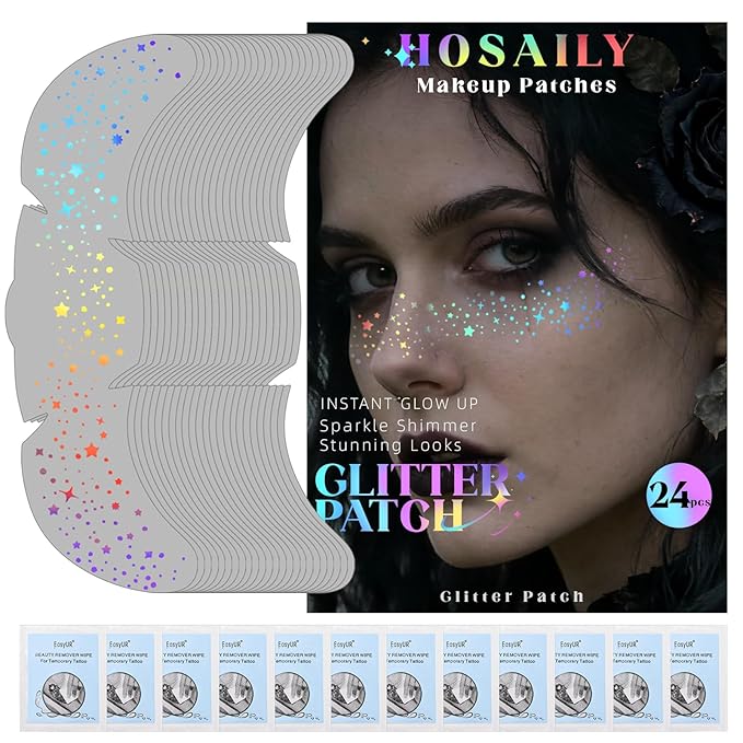 24pcs Face Glitter Freckles Tattoo, Holographic Chameleon Body Glitter Faux Freckle Stickers for Women Girls, Sparkle Star Speckles Makeup Patches Concert Festival Rave Cosplay Accessories