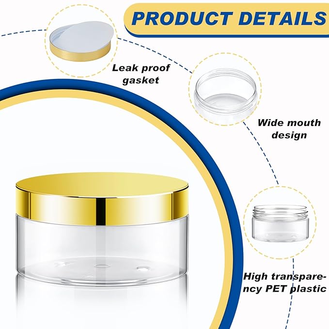 Dandat 24 Pcs 4 oz Plastic Jar Container with Lid and Label Refillable Empty Round Clear with Gold PET Cosmetic Sample Containers for Lotion, Cream, Ointments, Body Butter, Makeup, Travel Storage