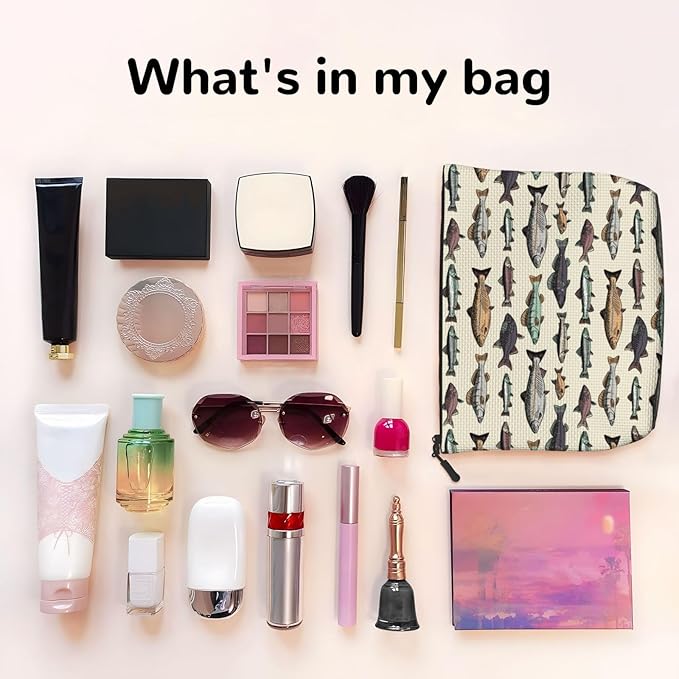 MOLAIGIN Vintage Bass Fish Bait Fishing Cosmetic Bag For Women, Travel Makeup Bag, Toiletry Zipper Bag, Large Capacity Aesthetic Cases