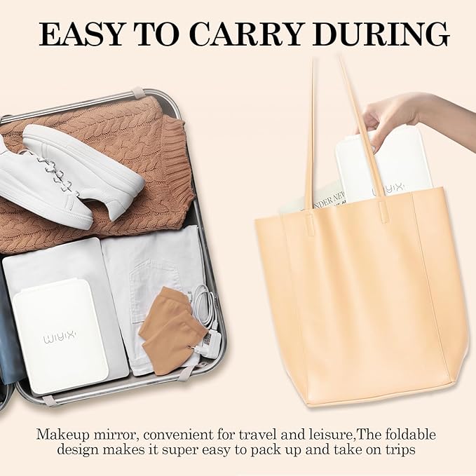 Foldable Travel Makeup Mirror, Adjustable Angle Portable Standing Vanity Mirror, Compact PU Leather Design for Home/Camping/Desktop Use,Elegant White(8.4"x6")