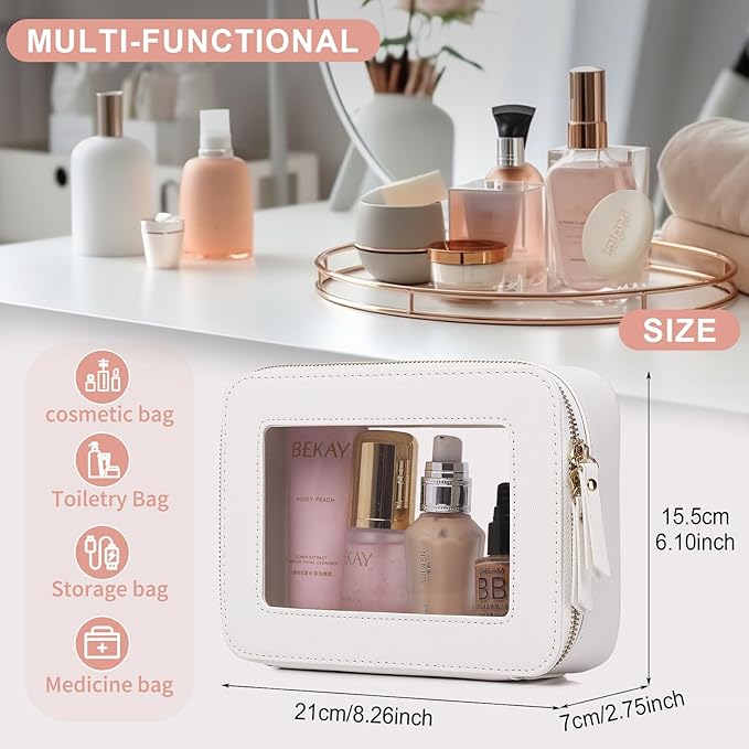 Pinkmik Clear Makeup Bag for Women Waterproof Travel Cosmetics and Toiletries Case Portable Makeup Oaganizer Bag Clear Car Bag with Zipper (White, M)