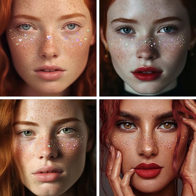 8PCS Glitter Freckles, Glitter Freckles Face Tattoo, Sparkle Freckles for Women and Kids, Cute Star Waterproof Gold Temporary Face Tattoos Glitter Glow Up Patches (8PCSA Holographic Multicolor)