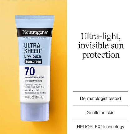 Neutrogena Ultra Sheer Dry-Touch Sunscreen Lotion SPF 70, Broad Spectrum, Water Resistant 80 Min, Oil-Free, Oxybenzone-Free, Non-Comedogenic, Matte Finish, Body Sunscreen, Travel Size 3 Fl Oz