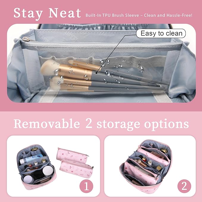 BOYATU Travel Makeup Bag Cosmetic Bags for Women: 3 Pcs Set Portable Make up Bag with Handle - Vegan Leather Toiletry Bags with Compartments - Makeup Organizer for Travel Essentials(04-Pink)