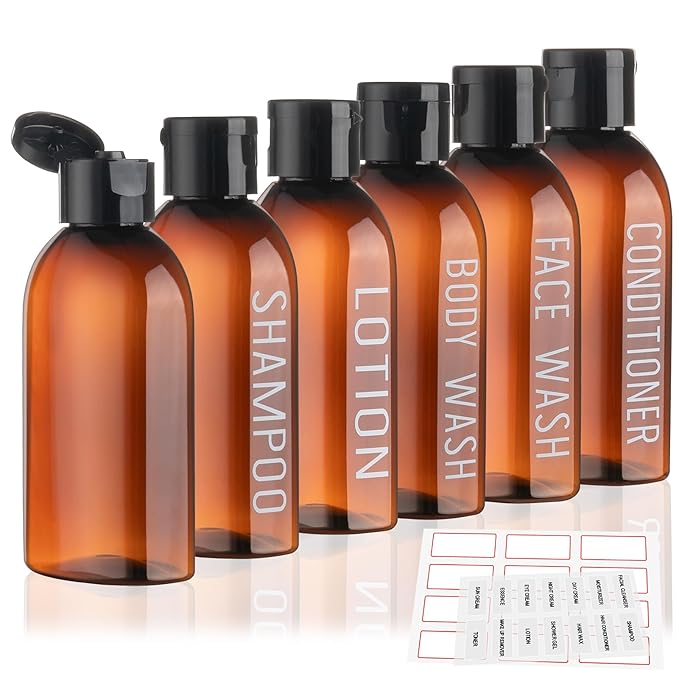 Travel Bottles for Toiletries 6 PCS 3.4oz/100ml Travel Size Containers Plastic Lotion Bottle TSA Approved Leak Proof Squeeze Bottles with Flip Cap for Toiletries, Shampoo & Lotion (Brown)