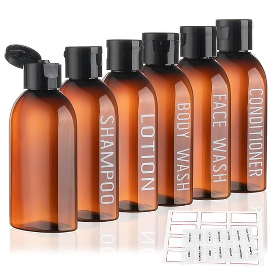 Travel Bottles for Toiletries 6 PCS 3.4oz/100ml Travel Size Containers Plastic Lotion Bottle TSA Approved Leak Proof Squeeze Bottles with Flip Cap for Toiletries, Shampoo & Lotion (Brown)