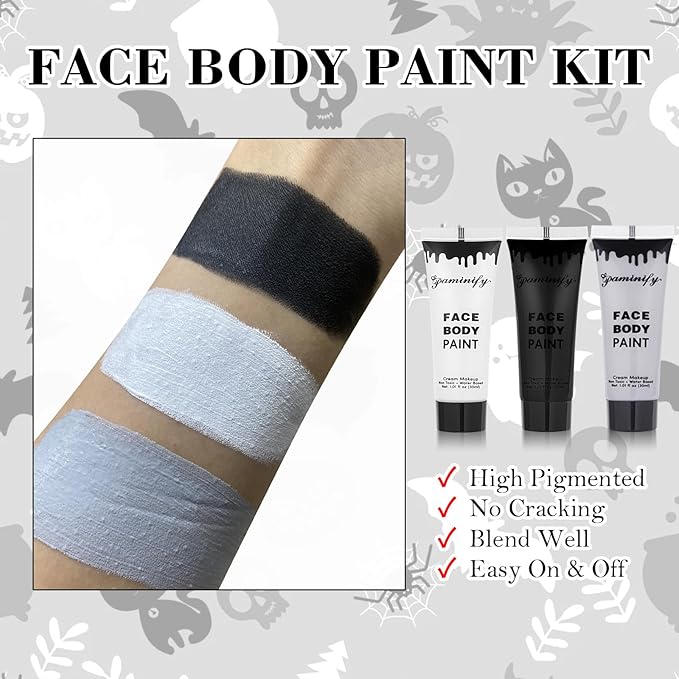 Black White Light Grey Face Body Paint 1.01 oz/pc with 3 Sponges,Water Based Face Paint Kit for Clown Joker Devil Vampire Skeleton Cosplay Makeup,Halloween SFX Makeup Cream Body Paint,3.03 oz