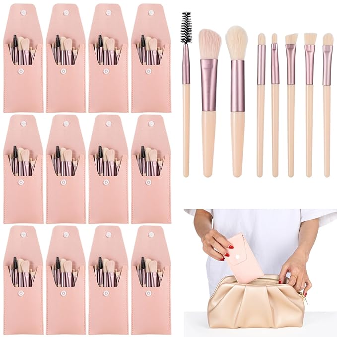 12 Pack Travel Brush Sets 8-Piece Mini Synthetic Fiber Cosmetic Brushes with Bag, Bridesmaid Present & Bachelorette Party Favor (Ivory Beige)