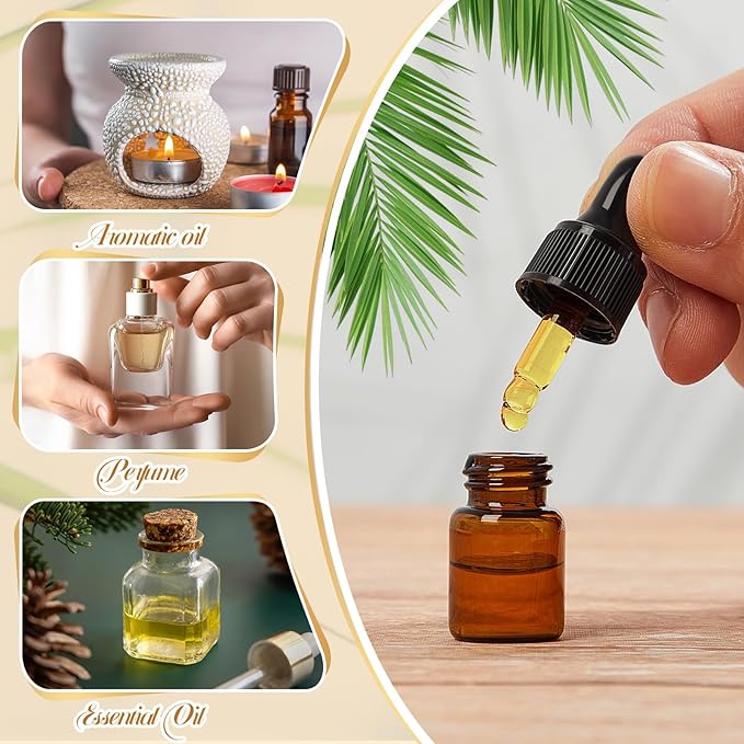 200 Pcs Mini Glass Oil Dropper Bottle Bulk, Clear Essential Small Empty Bottles Sample Containers Perfume Liquid Vials with Cap for Traveling (2 ml,Amber)