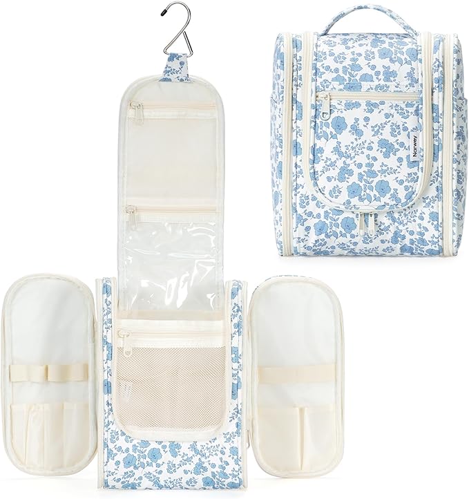 Narwey Hanging Toiletry Bag Women Travel Makeup Bag Organizer Toiletries Bag for Travel Size Essentials Accessories Cosmetics (Medium,Little Blue Flower)