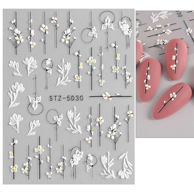 3D Embossed Flower Nail Art Stickers Decals Self-Adhesive Pegatinas Uñas 5D Floral Nail Supplies Nail Art Design Decoration Accessories 4 Sheets