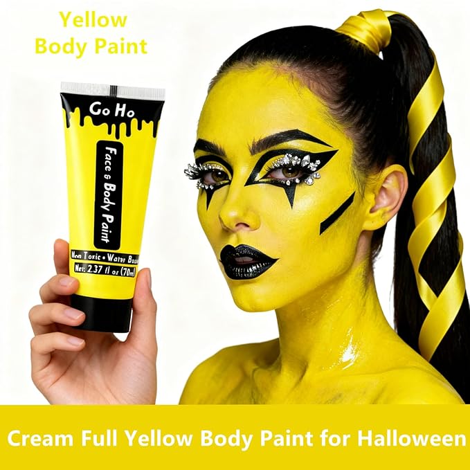 Go Ho Yellow Face Body Paint Washable(2.37oz/pc),Water Based Cream Full Yellow Body Paint for SFX Cosplay Costumes Festivals Halloween Makeup