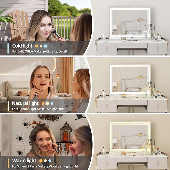 YOURLITE Vanity Mirror with Lights, 32"x 23" Hollywood Mirror with Double LED Lights, 3 Colors Modes & Adjustable Brightness, Makeup Mirrors Vanity Mirror 10x Spot Mirror, USB Charging Port
