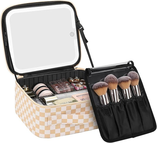 Chomeiu Makeup Bag with LED Mirror, Travel Makeup Case for Women and Makeup Artists Cosmetic Organizer Large Make Up Bags with Light Up Mirror, 3 Color Lights, Adjustable Dividers, Light Checkerboard