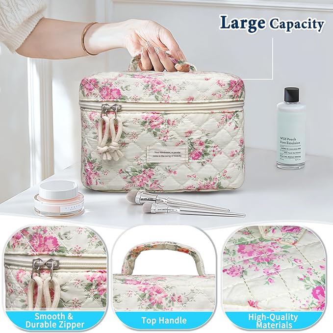 VIWIME Makeup Cosmetic Bag, Large Cotton Quilted Travel Coquette Aesthetic Cute Floral Make up Bag for Women Toiletry Bag Organizer (PinkFlower4Pcs)