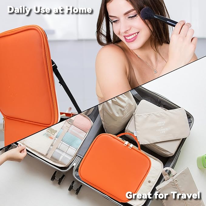 Travel Makeup Bag with LED Mirror and 10x magnifying glass with 3 Lighted Settings, Adjustable Dividers and Makeup Brush Storage Bag Orange