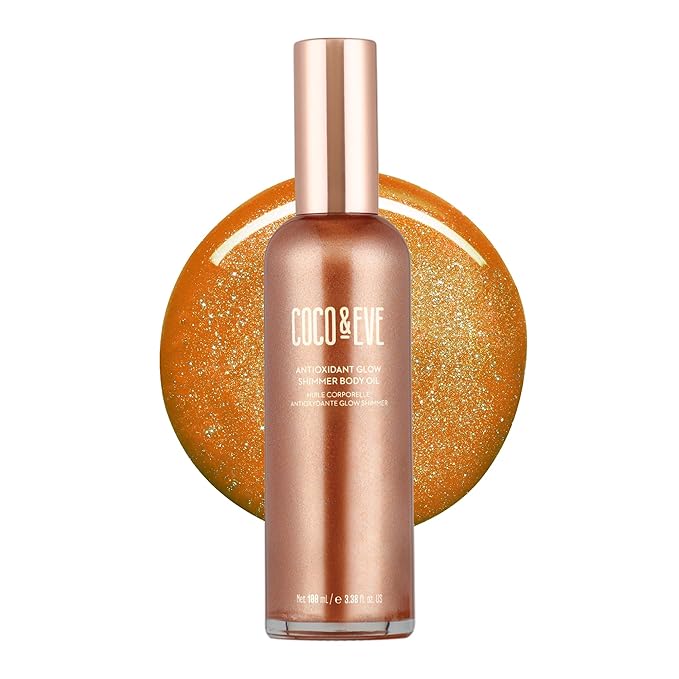 Coco & Eve Antioxidant Glow Shimmer Body Oil - Lightweight Skin Illuminator with Pearlescent Minerals, Natural Glitter, Antioxidants for Shimmering, Moisturizing and Healthy Glow (3.38 Fl Oz)