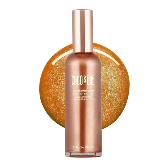 Coco & Eve Antioxidant Glow Shimmer Body Oil - Lightweight Skin Illuminator with Pearlescent Minerals, Natural Glitter, Antioxidants for Shimmering, Moisturizing and Healthy Glow (3.38 Fl Oz)