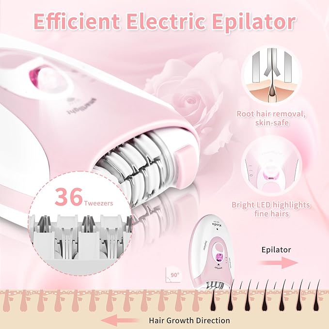 Epilator for Women - 2 Speeds Smooth Skin Face Epilators with LED - Long-Lasting Cordless Electric Tweezers Hair Remover for Armpit/Leg/Bikini Area/Arm/Facial Epilator Hair Removal for Women