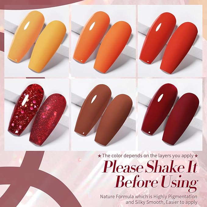 Born Pretty Fall Winter Gel Nail Polish Pumpkin Caramel Orange Brown Red Shimmer Sparkle Halloween Gel Polish Nail Art Manicure DIY Christams Gift Collection 6PCS