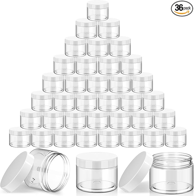 SATINIOR 36 Pieces 2 oz Plastic Jars with Lids Wide Mouth Airtight Reusable Container Acrylic Cosmetic Small Jars for Lotions Ointments Travel Toiletries Creams Make up Storage(White)