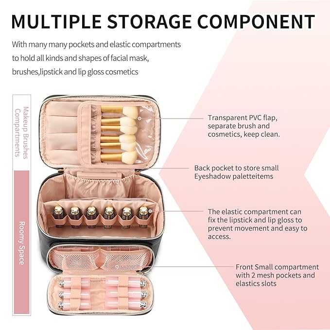 OCHEAL Makeup Bag, Multifunctional Make Up Bags with Zipper Pouch Large Compact Makeup Bag Organizer for Women Girls Cosmetics Toiletry Brushes Storage Makeup Case with Handle Divider-Black