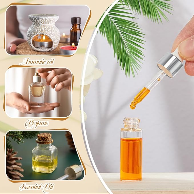 100 Pcs Mini Glass Oil Dropper Bottle Bulk, Clear Essential Small Empty Bottles Sample Containers Perfume Liquid Vials with Cap for Traveling (5 ml,Sliver)