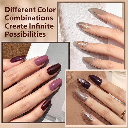 AZUREBEAUTY Nail Polish Set 4 Colors Nude Purple Glitter Nail Polish Quick Dry Natural Nail Lacquer Fingernail with Top Coat DIY Salon Home