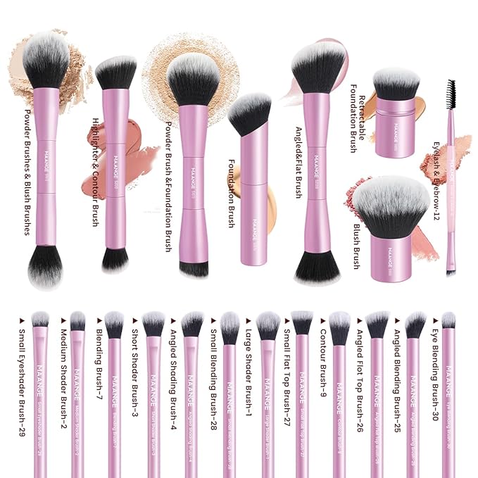 MAANGE 20 Pcs Makeup Brushes with Gift Box, Double-End Multi-functional Makeup Brushes for Blending Liquid Powder Concealer Cream Blush Buffe,Pink