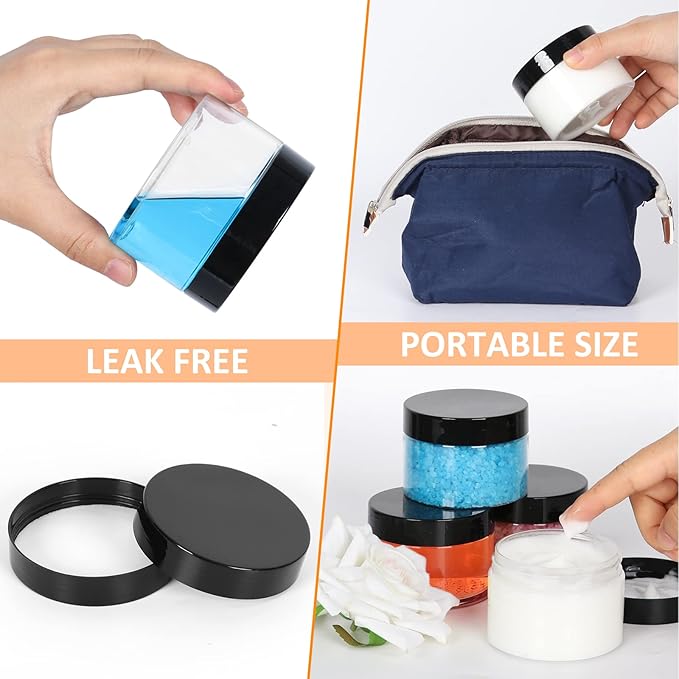 Clear 4 oz Plastic Jars with Lids & Labels - Refillable Cosmetic Small Containers with Black Screw Lid/Slime Containers (4 fl.oz, 48Pack)