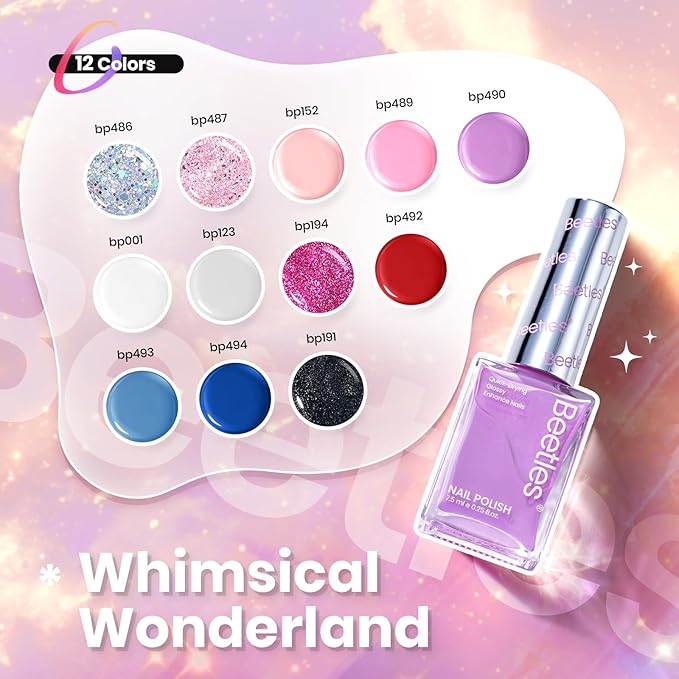 Beetles Nail Polish Set - Quick Dry Nail Polish Kit 12 Colors Pink Glitter Green Blue Yellow Red Regular Air Dry Fingernail Polish Pack for Women Gift Beetles Colorful Canvas 12 Colors