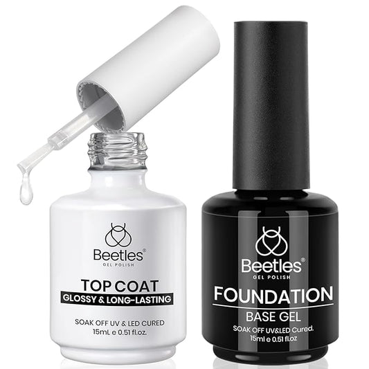 Beetles 2Pcs 15ml Base and Top Coat Set - Upgrade No Wipe Extra Glossy Gel Top Coat Finish for Gel Nail Polish, Soak Off UV/LED Lamp Needed, Essentials for Long-Lasting Manicure Halloween Kit